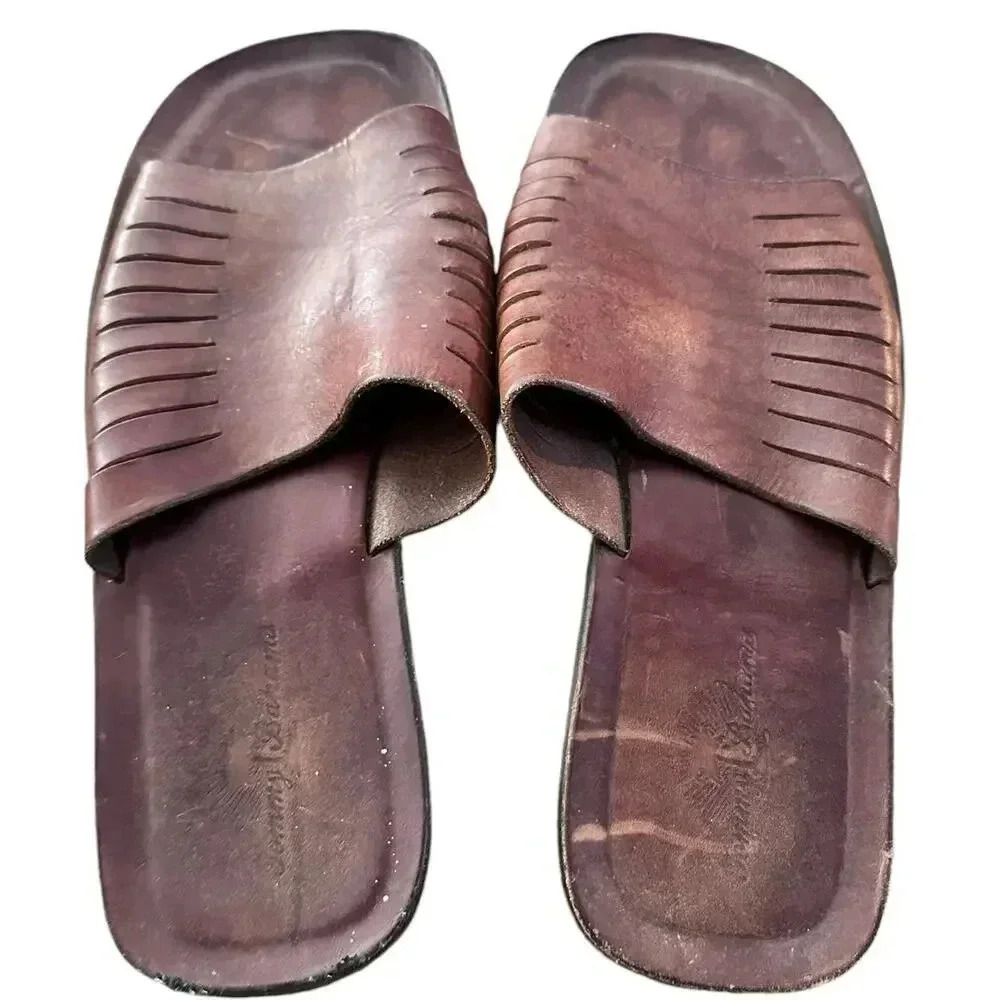 Tommy Bahama Vero Cuoio Brown Leather Slip On Slide Sandals Size 12